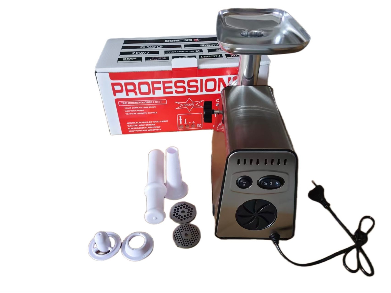 Masina de tocat carne INOX, 3500W, functie reverse, 3 in 1 cu adaptor chiftele, carnati CAMPION PROFESSIONAL - view 3