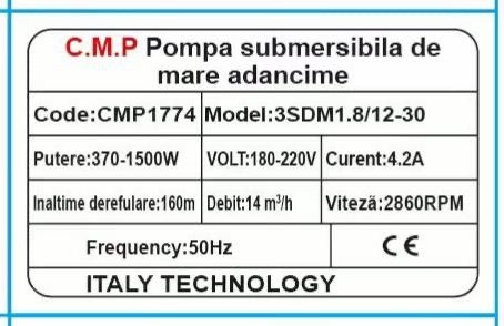 Pompa submersibila de mare adancime CMP1774 3SDM1.8/12-30, 1500W, 4.2A, debit 14 m³/h, inaltime refulare 160m, 14 turbine, cablu 30m, 2860RPM, 180-220V - imagine 2