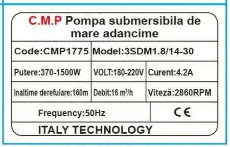 Pompa submersibila de mare adancime CMP1775 3SDM1.8/14-30, 1500W, 4.2A, debit 16 m³/h, inaltime refulare 160m, 16 turbine, cablu 30m, 2860RPM, 180-220V - imagine 3