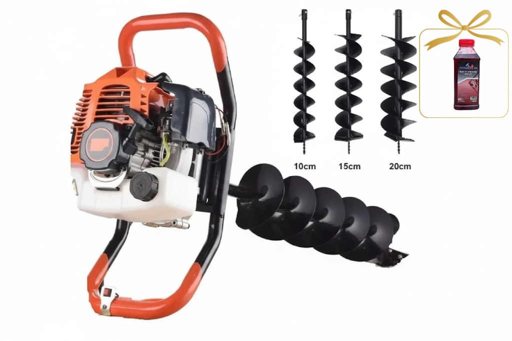 *PROMOTIE* Motoburghiu foreza pamant 52cc, 9200rpm Professional, 3 burghie incluse (100, 150, 200mm), ulei amestec 2t B7576