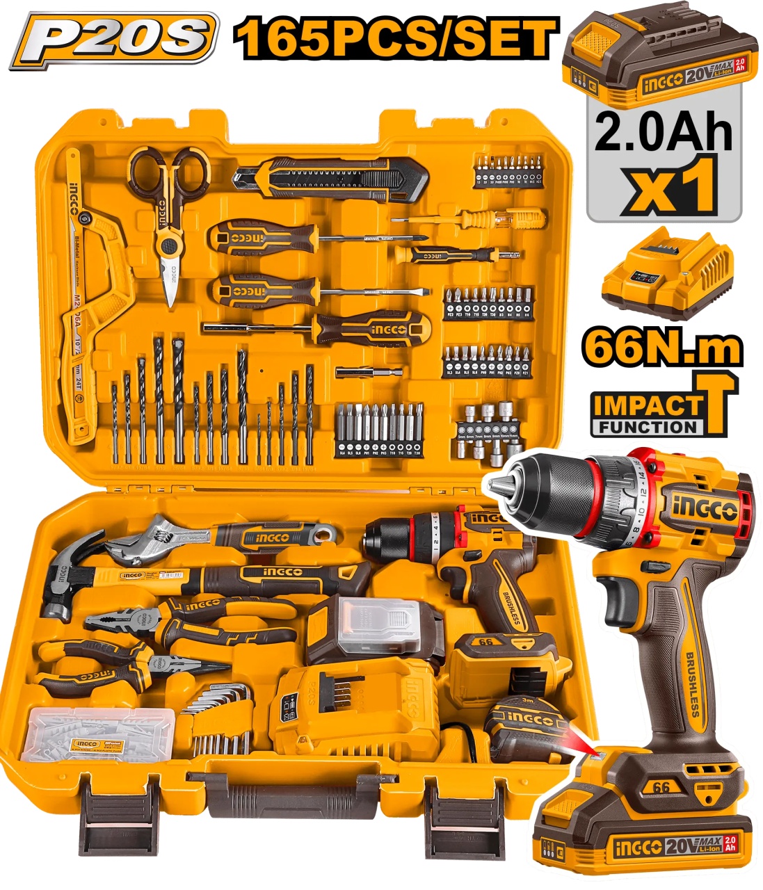 Set de unelte 165 piese cu bormasina cu percutie 20V, 66Nm, cu acumulator si incarcator, INGCO HKTHP11651
