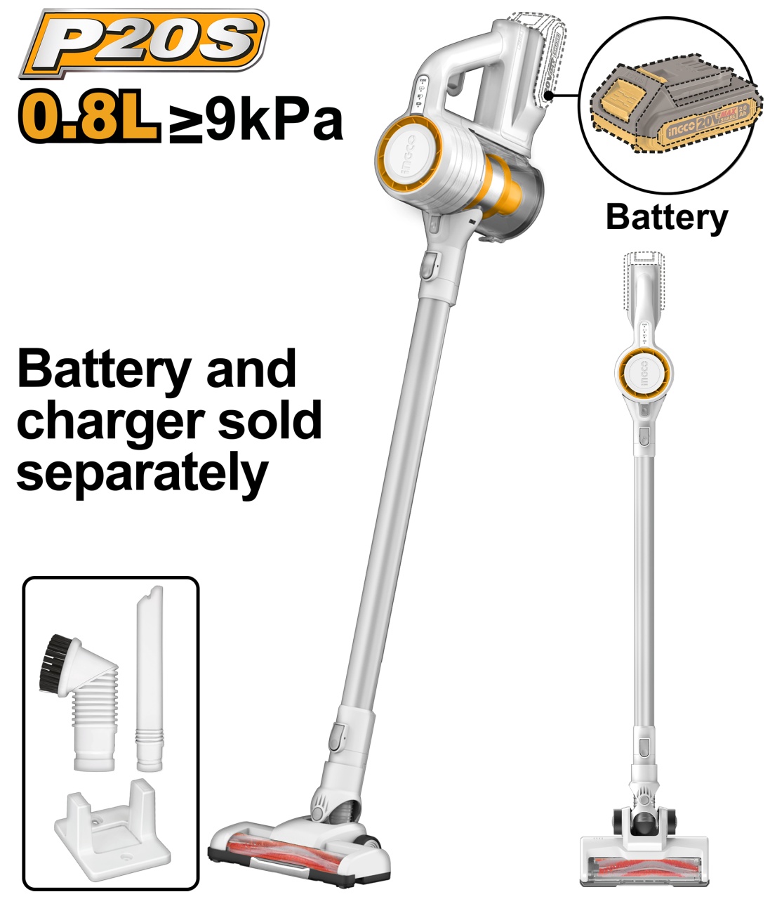 Aspirator Vertical 20V 0.8l 120W, fara acumulator Ingco CVLI20061