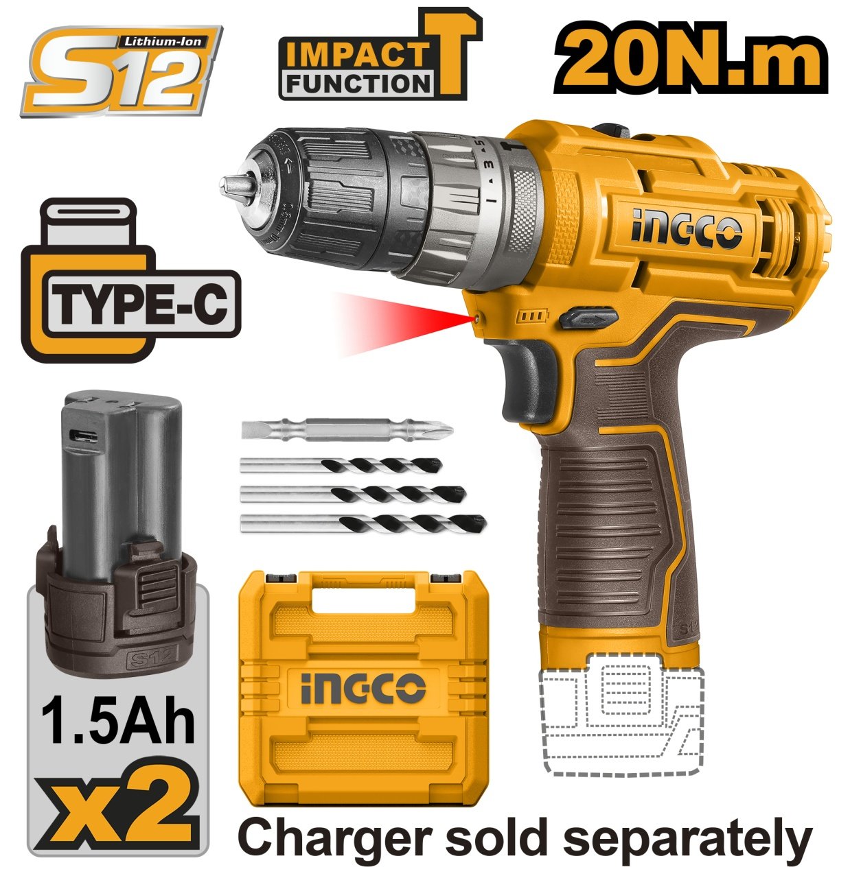 Masina De gaurit Bormasina 12V Impact 2 Acumulatori cu Type C si Geanta Ingco CIDLI12202E