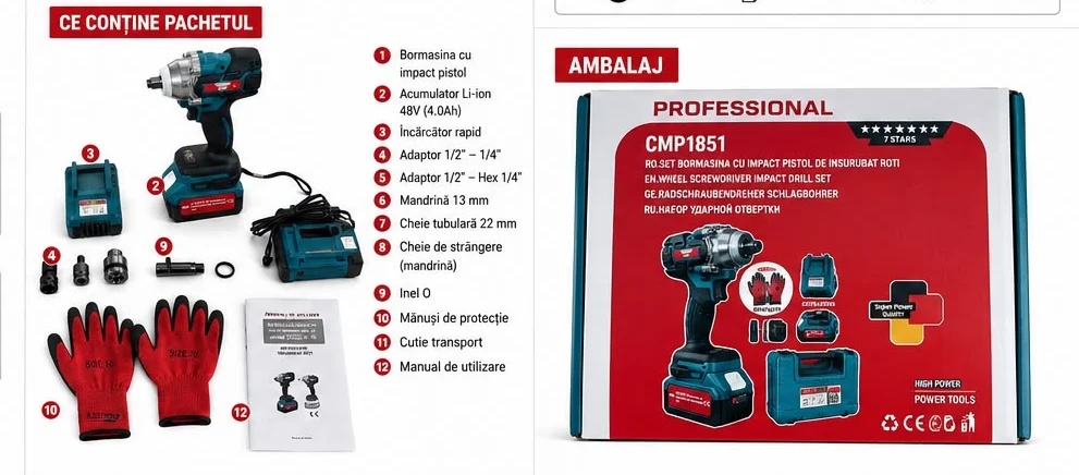 Masina de insurubat Cheie cu impact 48V 10Ah , cu 2 acumulatori si accesorii CAMPION PROFESSIONAL CMP1851 - view 5