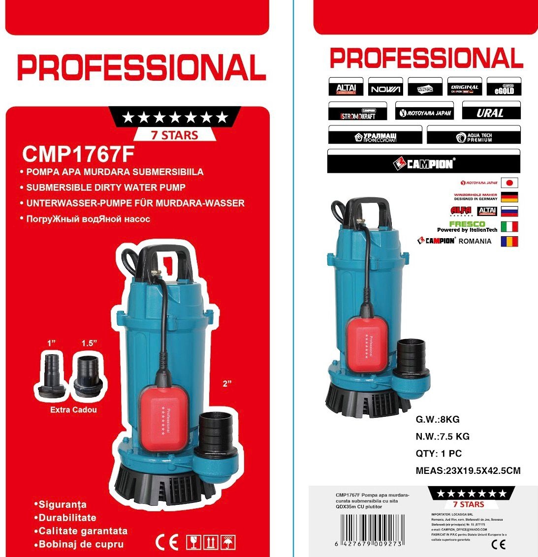 Pompa submersibila apa curata-murdara CMP1767F QDX10-35-1.1F, 1.1kW, 1.5HP, debit 10 mc/h, inaltime refulare 35m, iesire 2" / 1.5" / 1", 2860RPM, 110-220V, cu plutitor - imagine 3