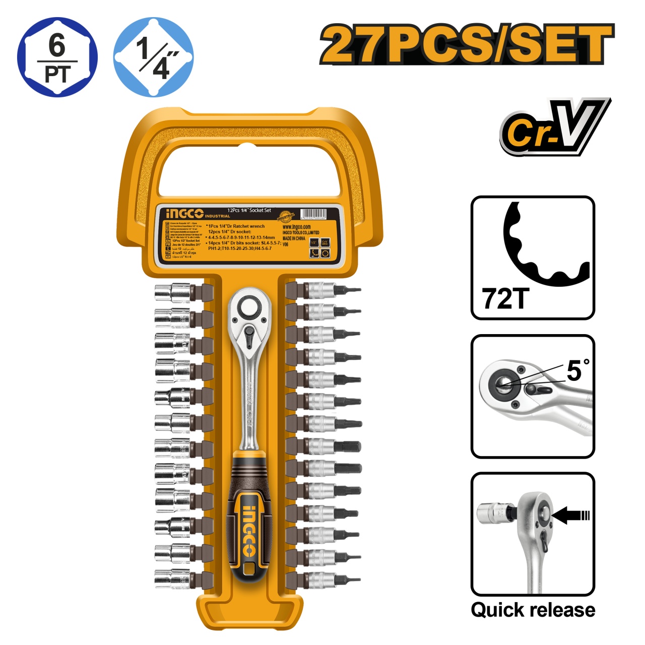 Set Chei Tubulare cu Clichet 1/4 27buc INGCO HKTS14271