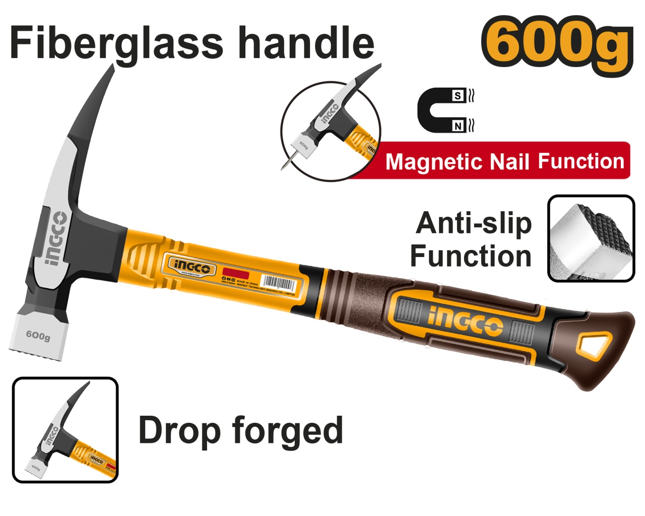 Ciocan cu 1 Colt 600g Maner Fibra si Magnet INGCO HCH81060