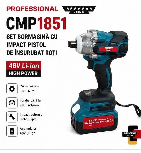 Masina de insurubat Cheie cu impact 48V 10Ah , cu 2 acumulatori si accesorii CAMPION PROFESSIONAL CMP1851 - view 2