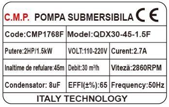 Pompa submersibila apa curata CMP1768F QDX30-45-1.5F, 1.5kW, 2HP, debit 30 mc/h, inaltime refulare 45m, iesire 2" / 1.5" / 1", 2860RPM, 110-220V, cu plutitor - imagine 2