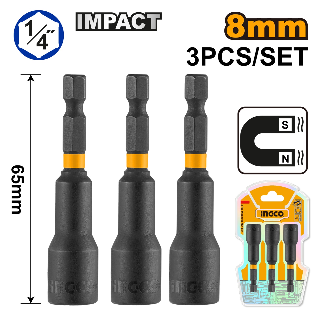 Cheie BIT tubulara Magnetica 1/4 10mm Set 3 bucati, Ingco AMN1031