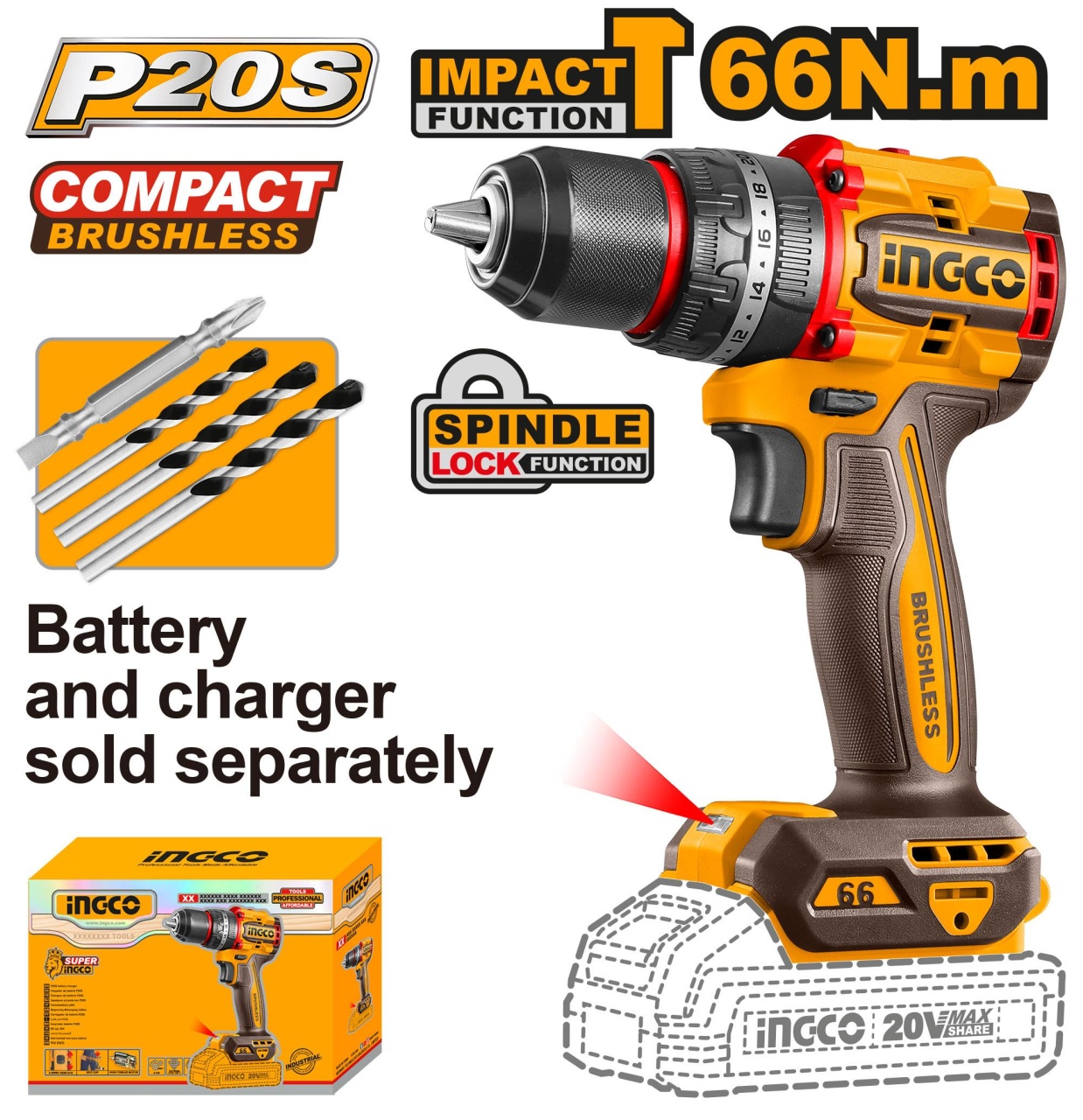 Masina de gaurit Bormasina 20V cu Impact 66Nm Mandrina Metalica, brushless, 2000rpm, fara acumulator Ingco CIDLI206681