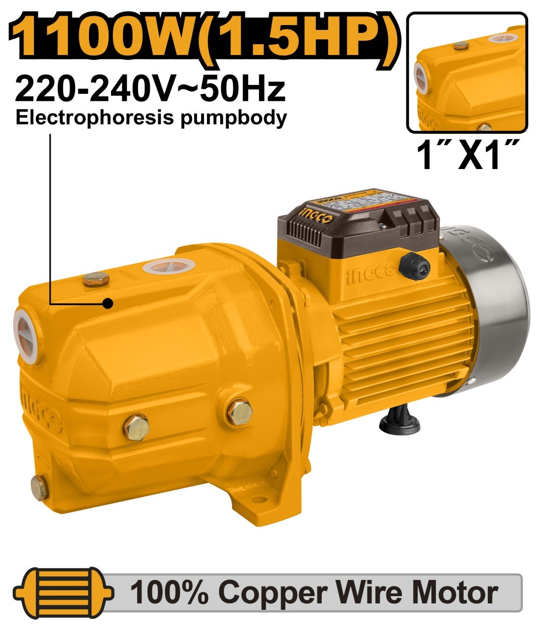 Pompa Apa de suparafata Jet 1100w, 60m, 1 inch, Ingco JP11008