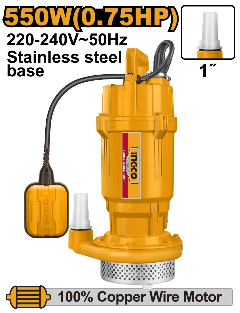 Pompa apa Submersibila 550W, inaltime 25m, motor cupru, 105 l/min Ingco SPC5508