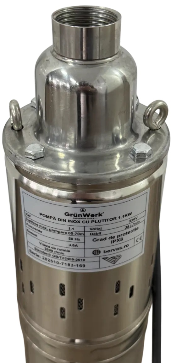 Pompa Inox cu Snec Submersibila cu Plutitor Automat GW GW7183, Putere 1.1KW (1100W), Cablu 9.5m, Inaltime 52cm, Latime 10cm, Circumferinta 31cm, Carcasa Otel Inoxidabil, Pentru Apa Curata sau Usor Murdara - imagine 2
