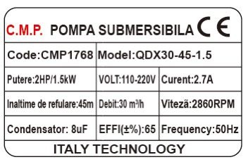 Pompa submersibila apa curata CMP1768 QDX30-45-1.5, 1.5kW, 2HP, debit 30 mc/h, inaltime refulare 45m, iesire 2" / 1.5" / 1", 2860RPM, 110-220V, fara plutitor - imagine 2