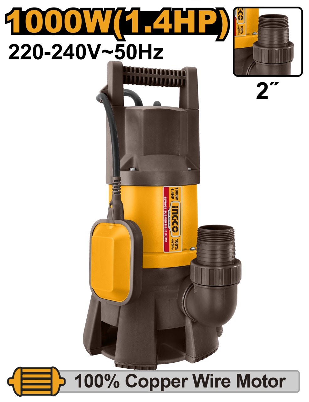 Pompa Submersibila apa murdara Plastic cu Plutitor 1000W, Ingco SPD10001