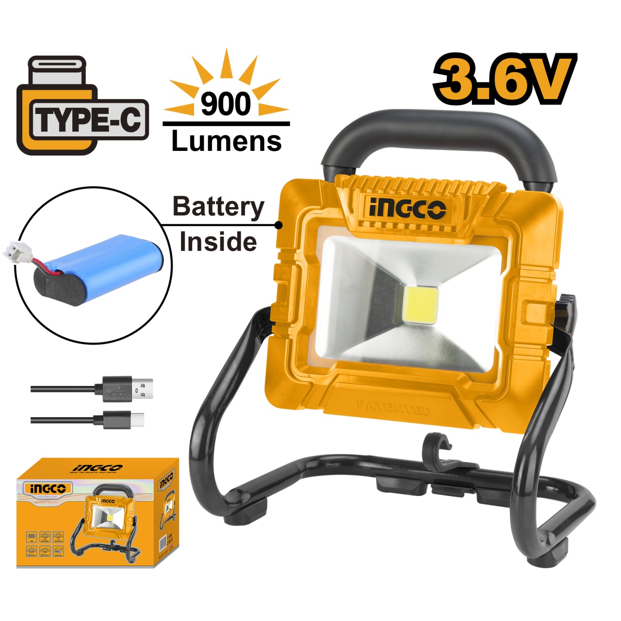 Proiector Led cu Baterie Incorporata si Incarcare Type C 900 lumeni Ingco HRLF4415 - 1 | YEO