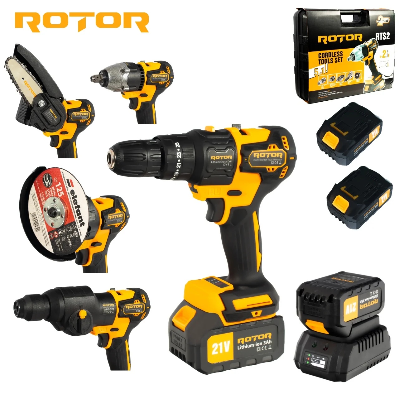 Unealta multifunctionala: polizor, masina gaurit, impact, rotopecutor 5 in 1m brushless, 21V, 3Ah, 2 acumulatori, 24000rpm, ROTOR RTS2
