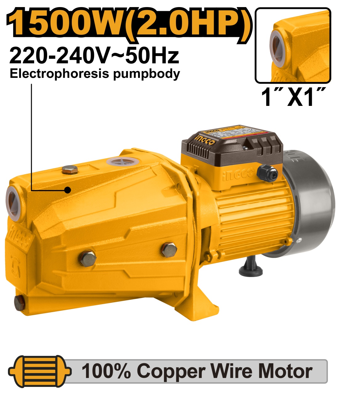 Pompa Apa cu Jet 1500w, inaltime 60m, adancime 9m, 100l/min, pt hidrofor, Ingco JP15008