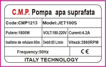 Pompa apa de suprafata 1800w JET, bobinaj cupru, 60m inaltime, 12m aspiratie, CAMPION PROFESSIONAL CMP1213 - view 2