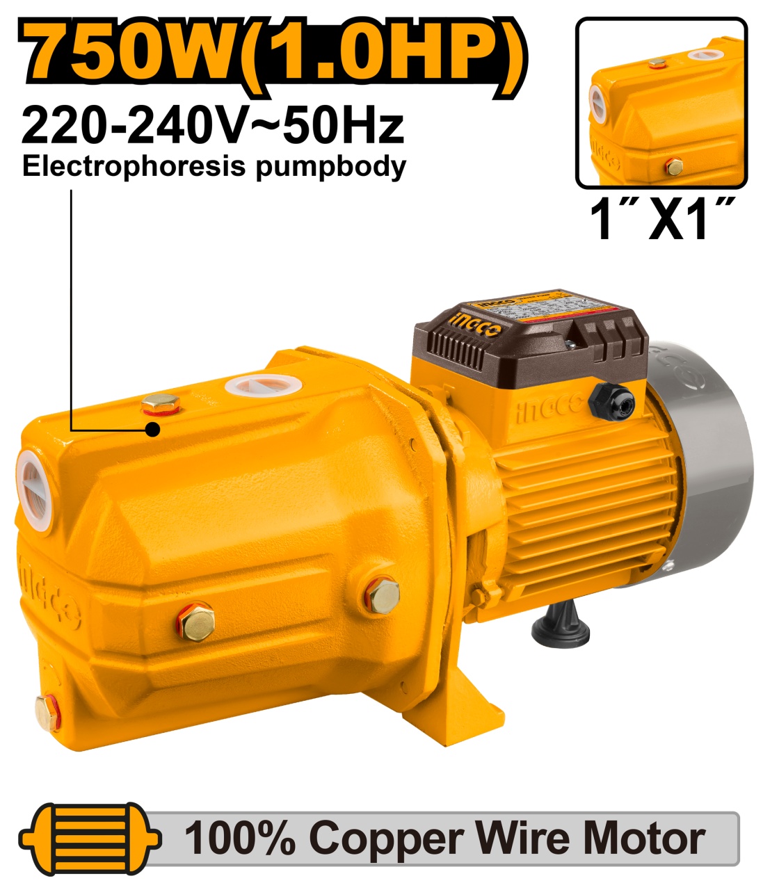 Pompa Apa de suprafata cu Jet 750W, 51m, 55 l/min Ingco JP07508