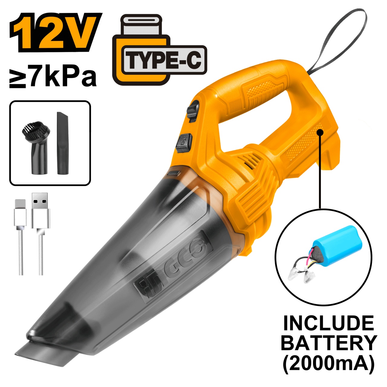 Aspirator de Mana 12V 0.5l Baterie Incorporata Incarcare Type C Ingco CVLI2026