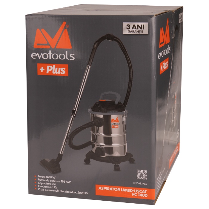 Aspirator umed-uscat VC 1400 EvoTools Plus 683785, 1400W, 25L, rezervor inox, debit 1.7 m3/min, priza scule 2000W, functie suflare si drenare, accesorii incluse - view 5