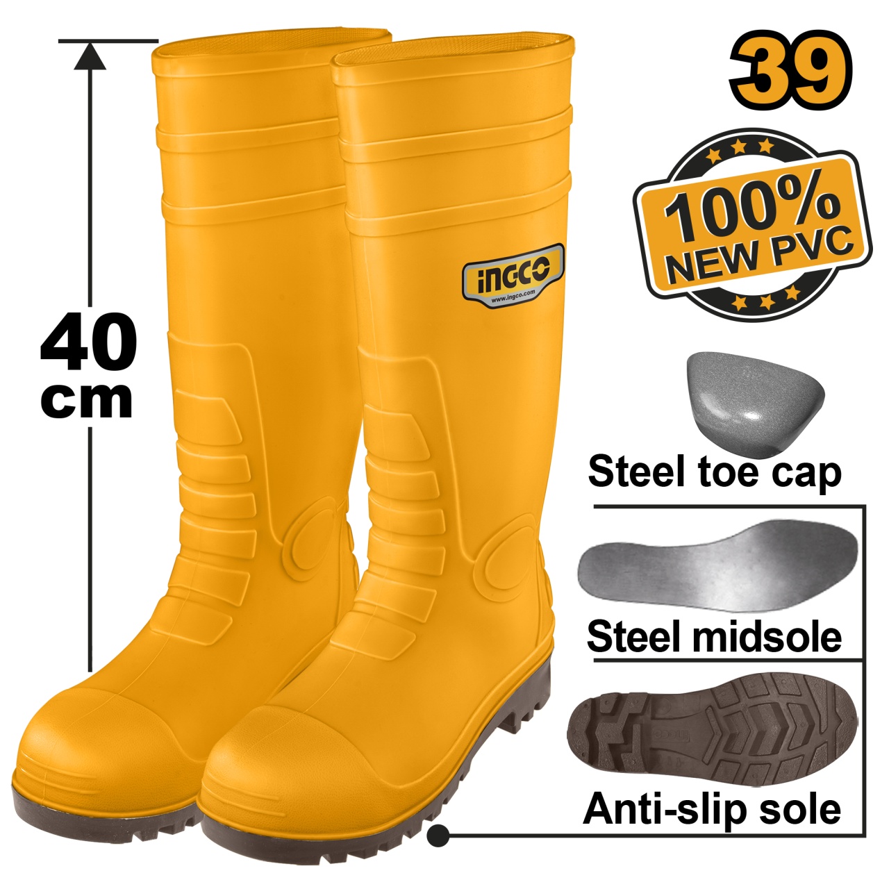 Cizme Cauciuc Galbene cu Varf Talpa Metalica 45 INGCO SSH092S1P.45
