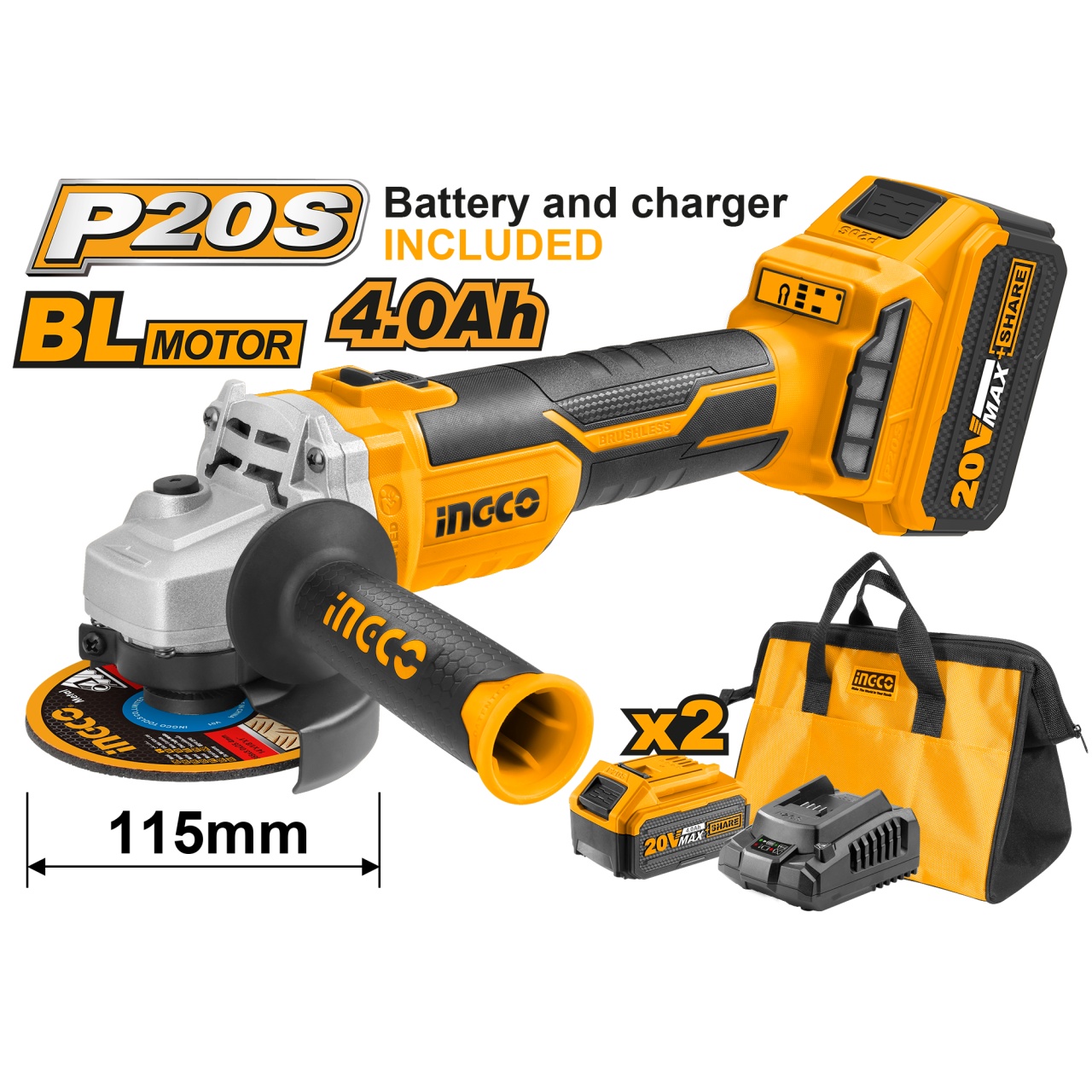 Flex Polizor Unghiular 115 mm, 20V brushless cu 2 Acumulatori 4Ah Incarcator + Geanta Ingco CAGLI11522