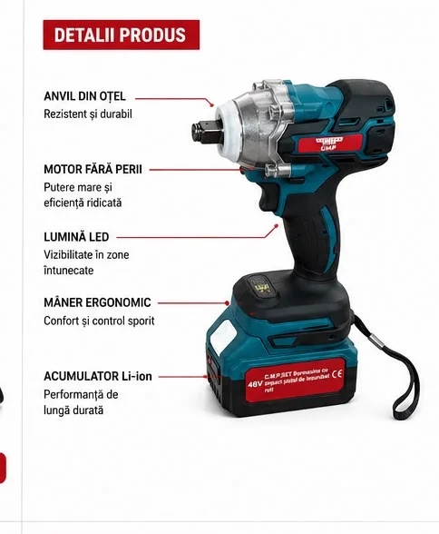 Masina de insurubat Cheie cu impact 48V 10Ah , cu 2 acumulatori si accesorii CAMPION PROFESSIONAL CMP1851 - view 3