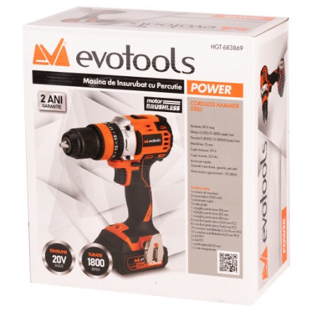 Masina de insurubat cu percutie brushless EvoTools 683869, kit MAX 20V, 2 acumulatori 2Ah, incarcator rapid, cuplu 50Nm, 2 viteze, mandrina metalica 13mm - imagine 8