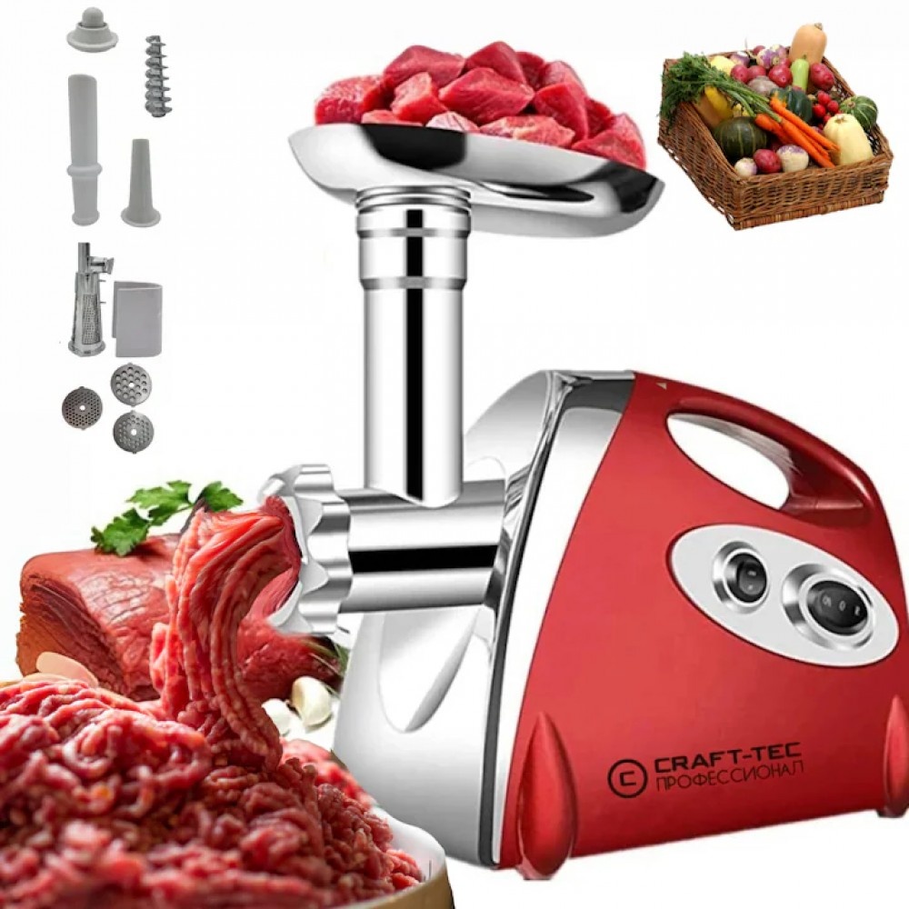 Masina electrica tocat carne Craft-Tec MX713, 3800W, 1.6 Kg/min, 3 site inox, functie Reverse, accesorii carnati, rosii, chiftele, 230V, 50Hz, clasa II, 30.5x25x25.3 cm, 3.3 kg, Rosie