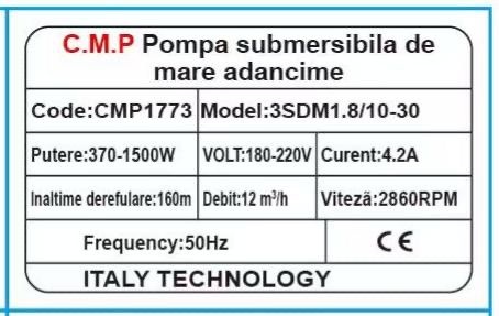 Pompa submersibila de mare adancime CMP1773 3SDM1.8/10-30, 1500W, 4.2A, debit 12 m³/h, inaltime refulare 160m, 12 turbine, cablu 30m, 2860RPM, 180-220V - imagine 2