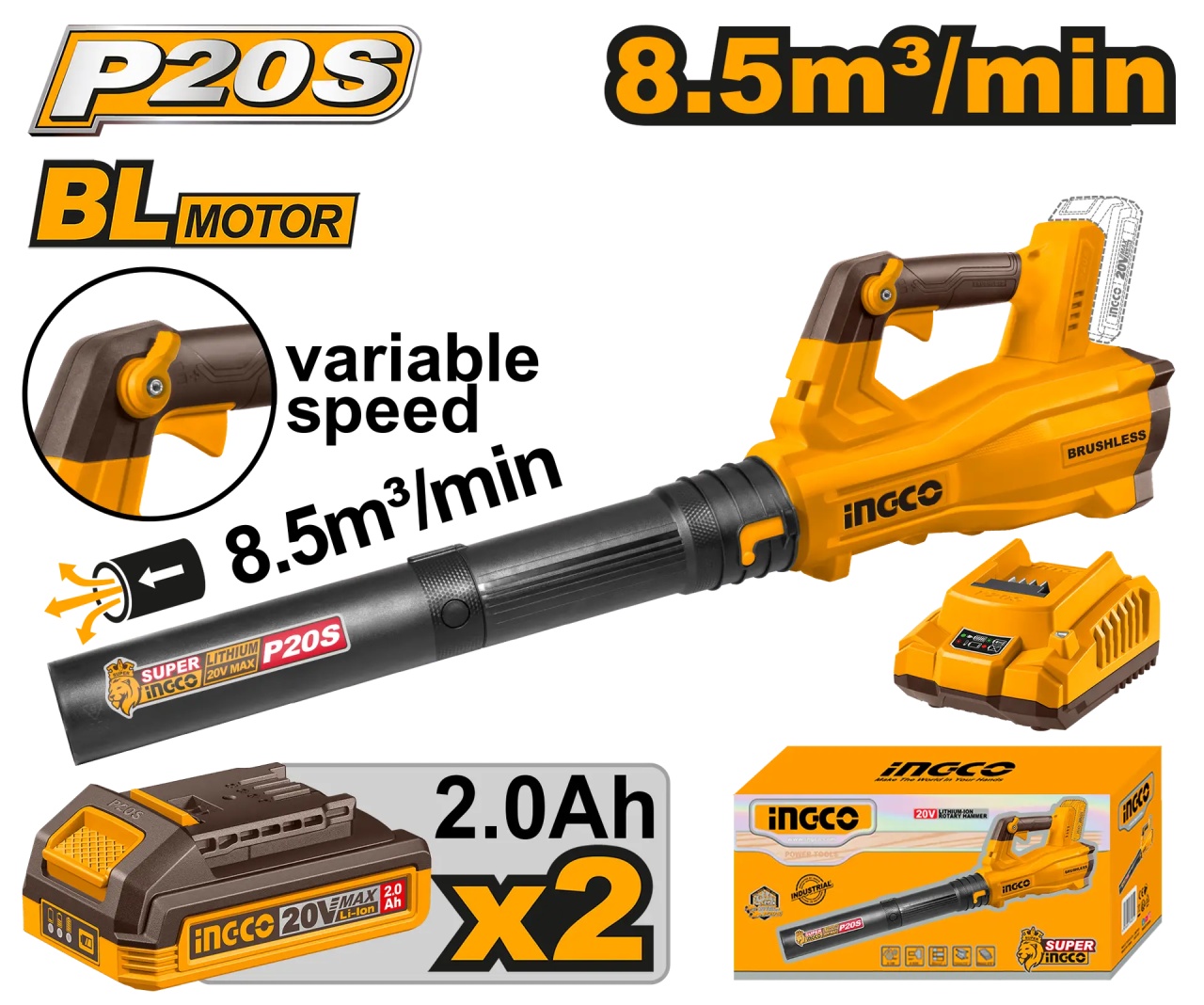 Suflanta Frunze 20V CABLI20428E – Motor Brushless, 0-18500 rpm, 144 km/h, 2 Acumulatori 2.0Ah, Turatie Reglabila - imagine 2