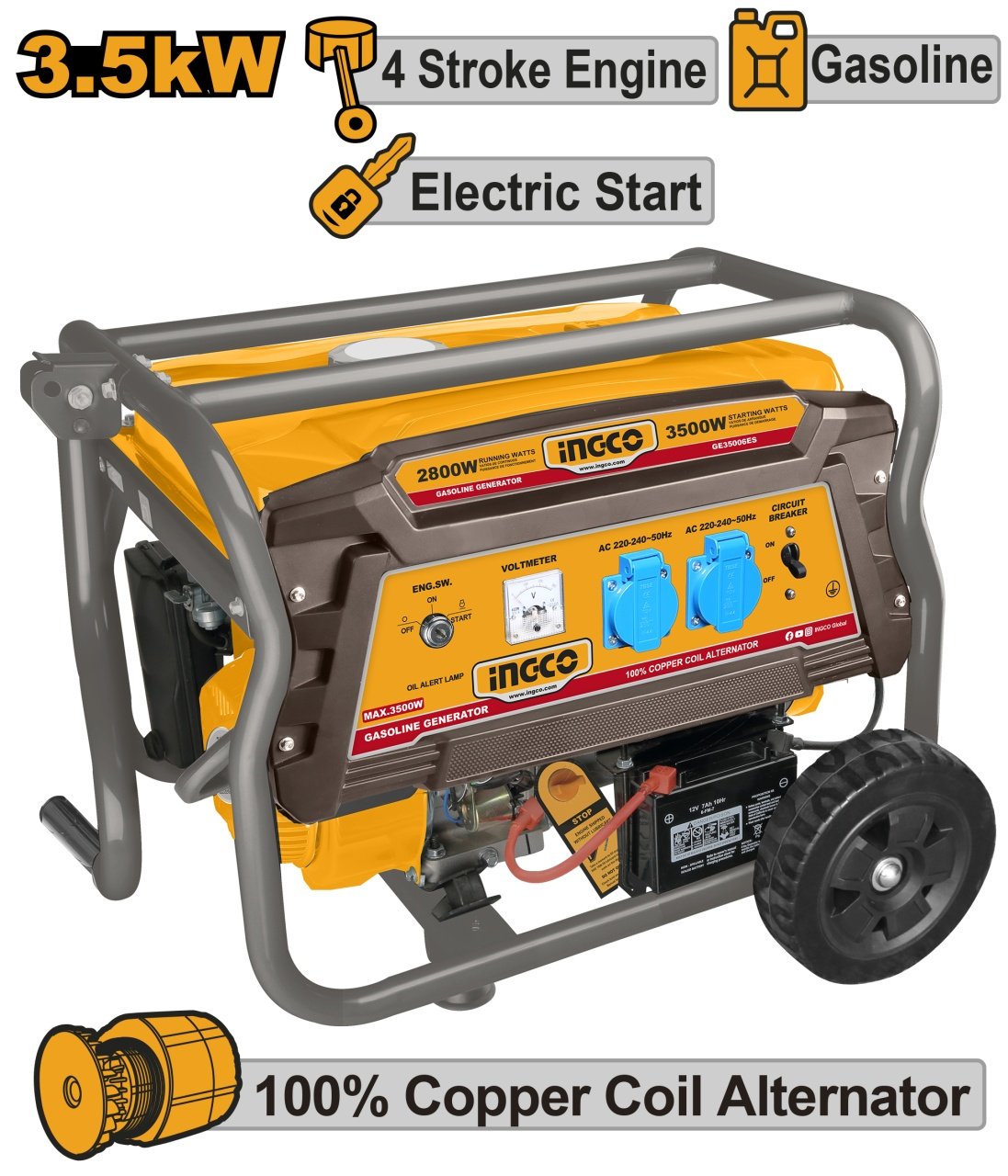 Generator curent electric, 3.5KW, Motor 4 Timpi benzina, pornire electrica Ingco GE35006ES