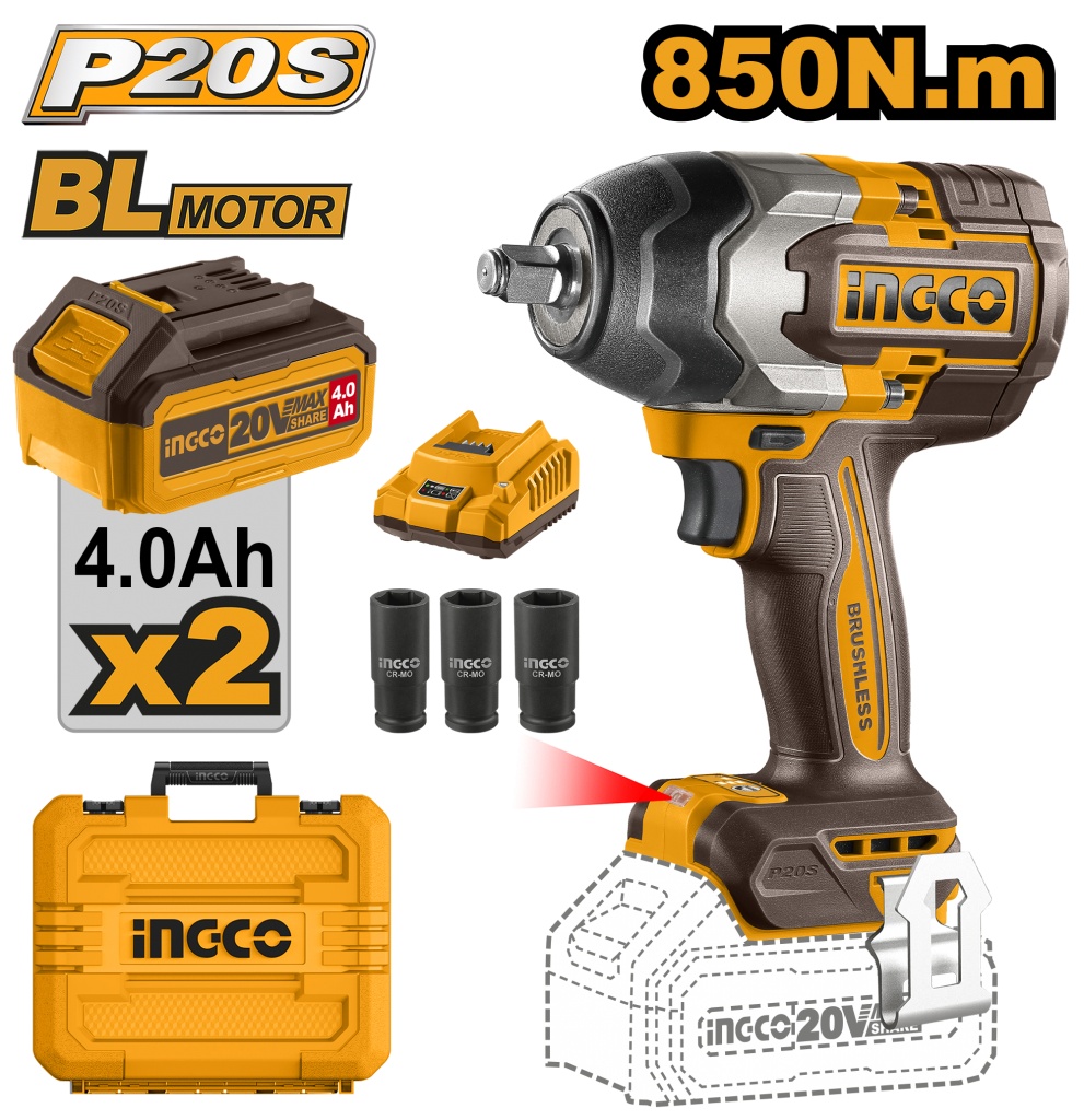 Masina de insurubat, cheie cu impact20V BL 1/2 850nm cu 2 x 4.0Ah cu baterie Ingco CIWLI2085