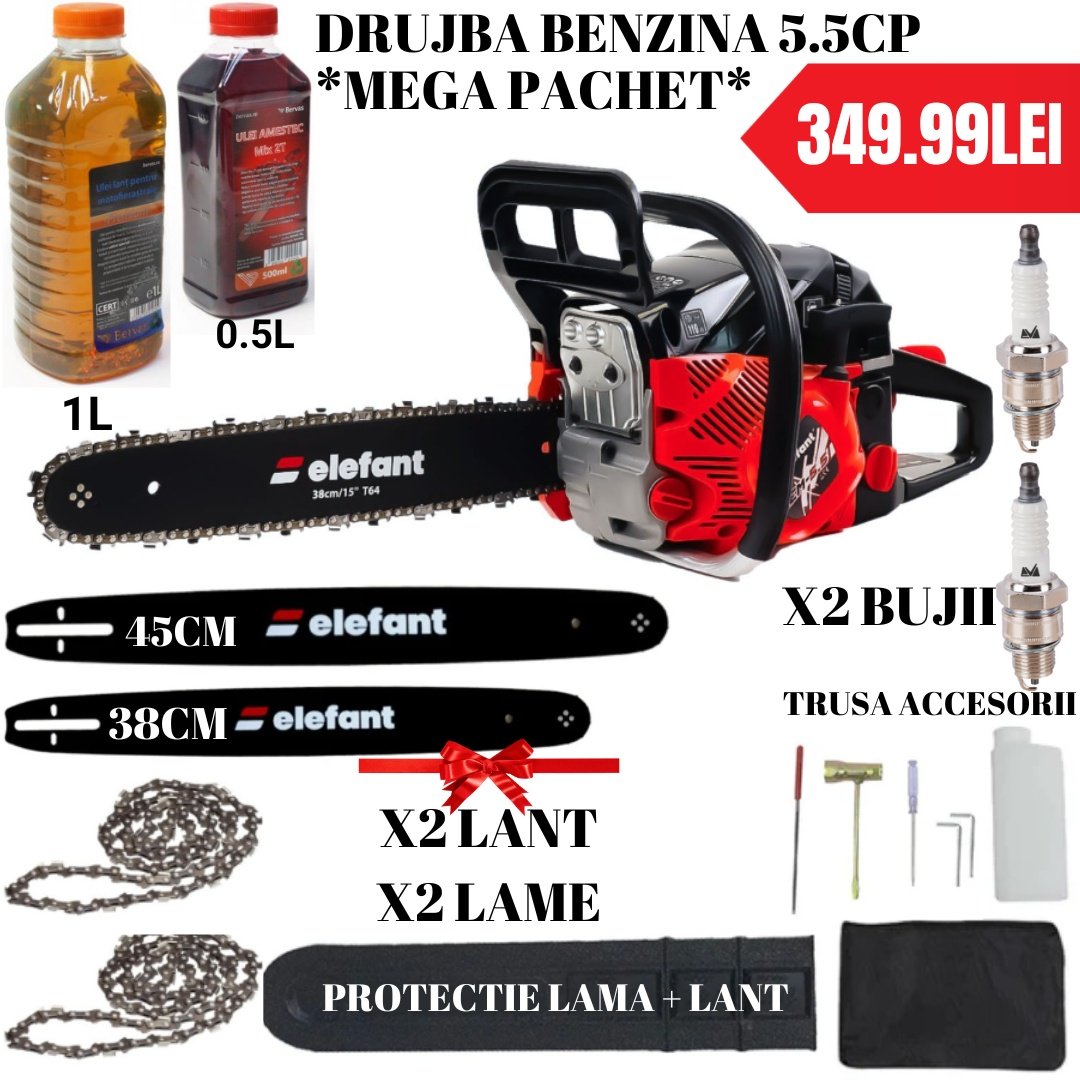 *Mega Pachet* Drujba benzina 5.5cp + 2 lanturi + 2 lame + ulei ungere lant 1L + ulei amestec 0.5L + 2 bujii + accesorii