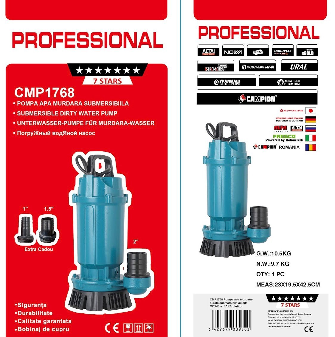 Pompa submersibila apa curata CMP1768 QDX30-45-1.5, 1.5kW, 2HP, debit 30 mc/h, inaltime refulare 45m, iesire 2" / 1.5" / 1", 2860RPM, 110-220V, fara plutitor - imagine 3