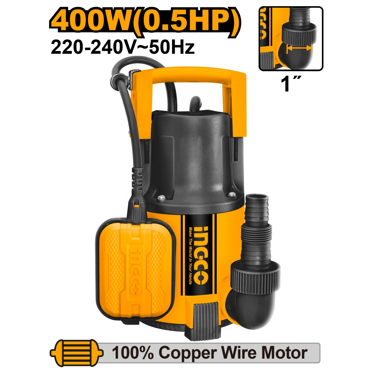 Pompa submersibila cu plutitor 400W 117L/min 8m apa curata INGCO SPC4008