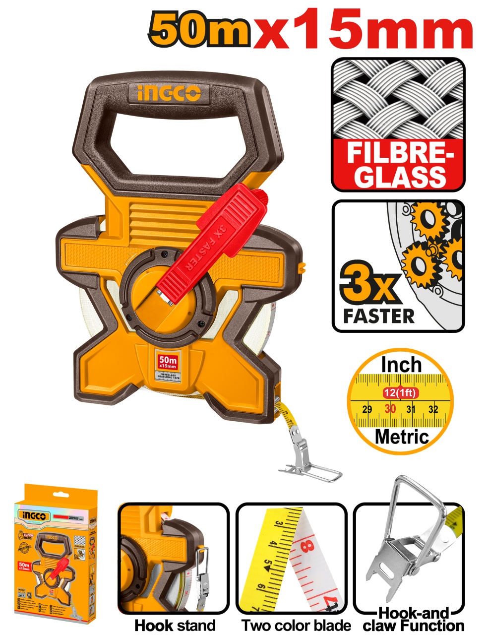 Ruleta cu banda de fibra 50m x 15mm sistem dual metric/inch INGCO HFMT1850