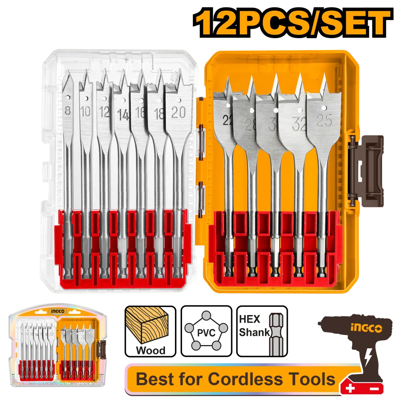 Set Burghie Plate Lemn 12buc 8-32mm Prindere Hex 1/4" Lungime 152mm AKDL1206 – burghie plate pentru gaurire rapida in lemn - imagine 2