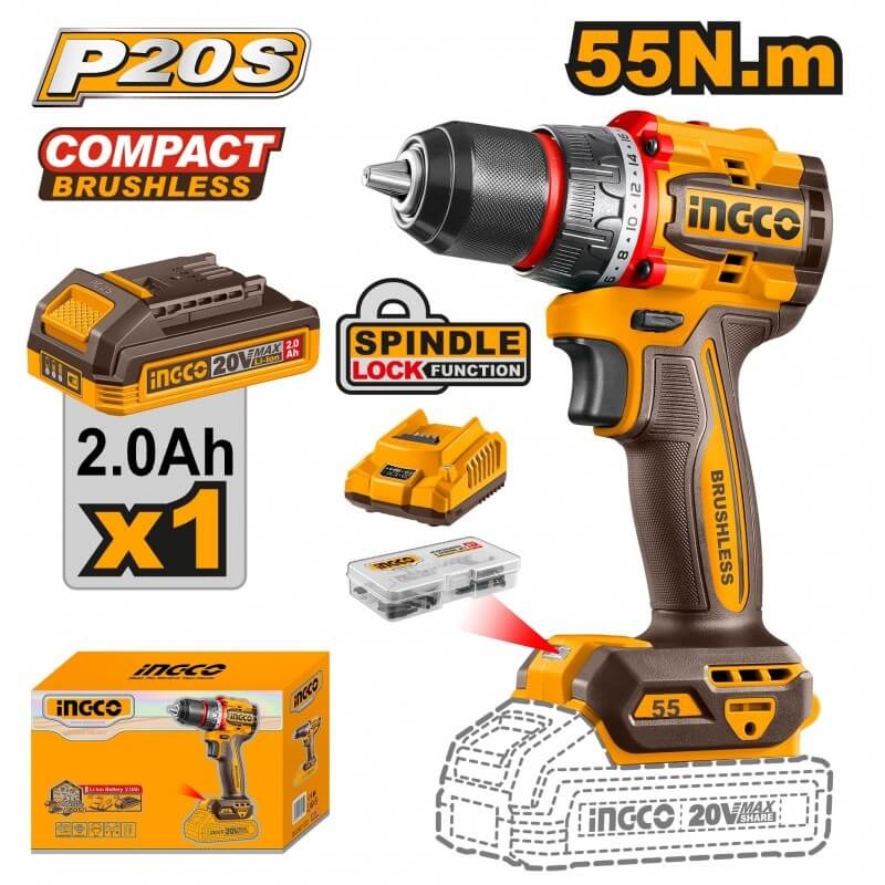 Bormașină cu Acumulator 20V, 55Nm, cu Motor Brushless și 1 Acumulator – INGCO CDLI205582