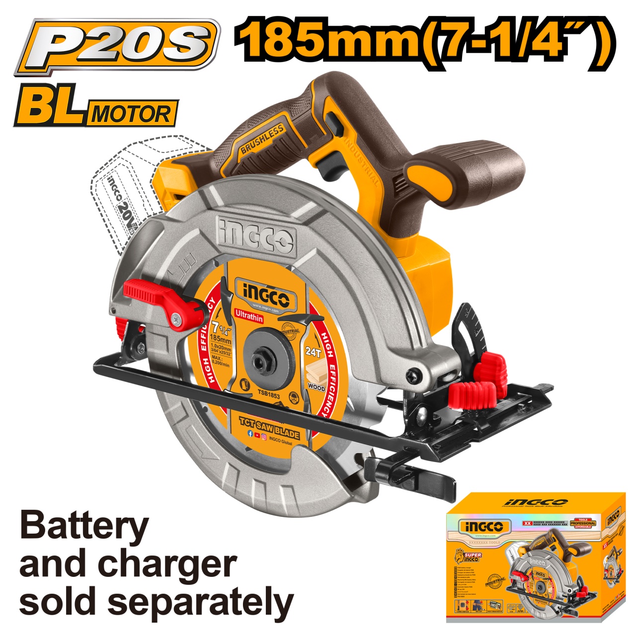 Fierastrau Circular 185mm 4800rpm brushless 20V fara acumulator Ingco CSLI1851