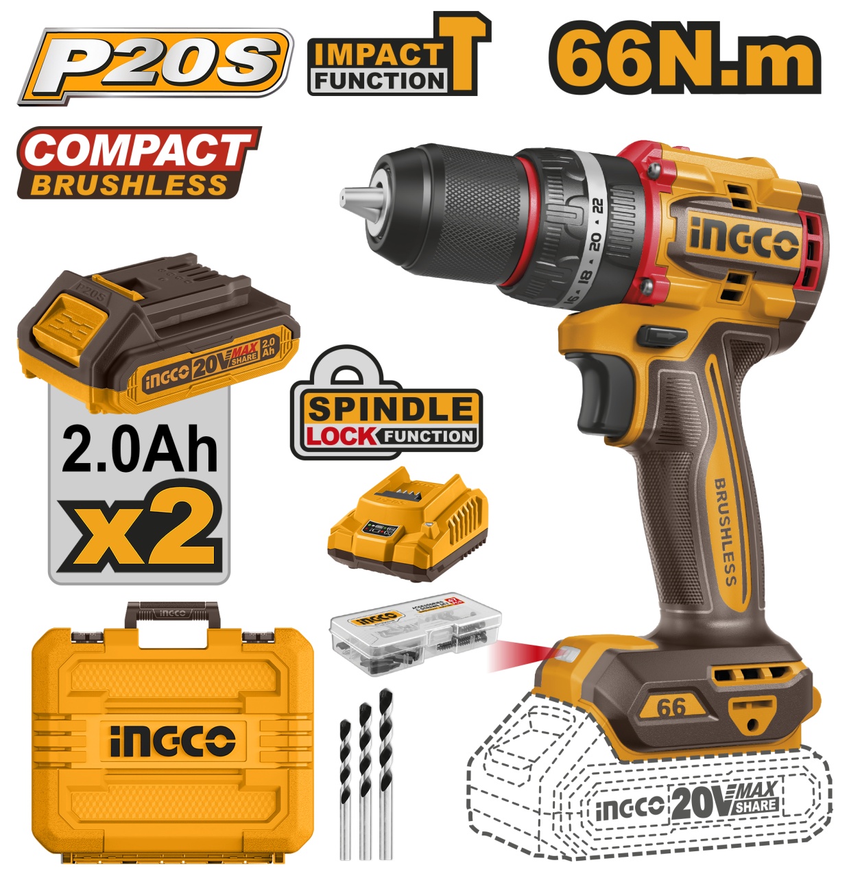 Masina de gaurit Bormasina 20V cu Impact 66Nm cu 2 Acumulator, 30000bpm, fara perii, Ingco CIDLI20668E