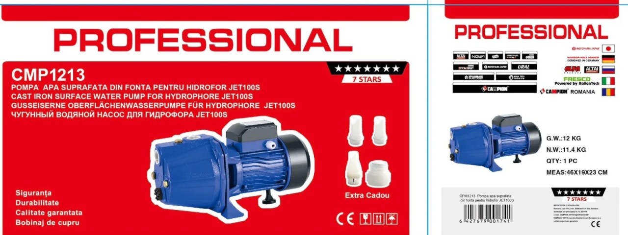 Pompa apa de suprafata 1800w JET, bobinaj cupru, 60m inaltime, 12m aspiratie, CAMPION PROFESSIONAL CMP1213 - view 3