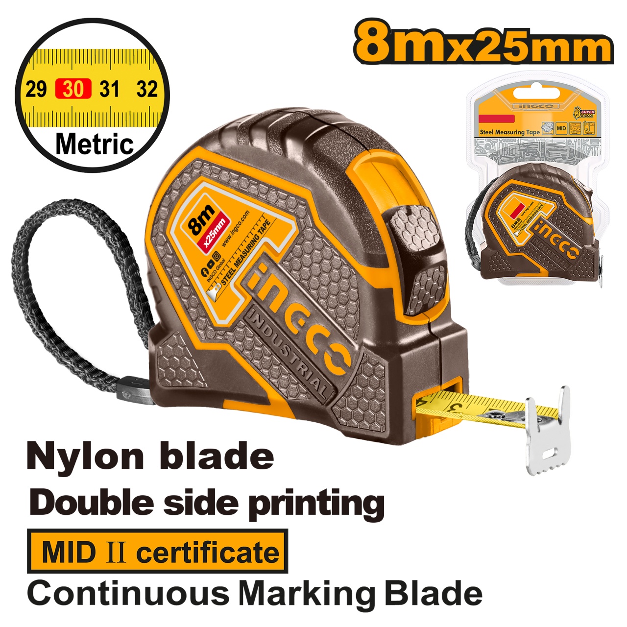 Ruleta magnetica profesionala 8m x 25mm carcasa cauciucata banda cu strat nylon INGCO HSMT88081E