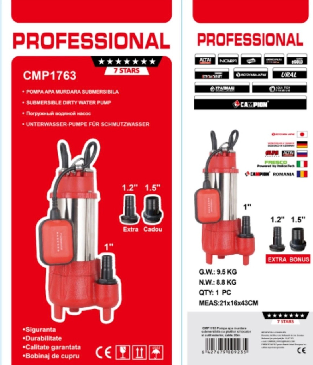 Pompa apa murdara submersibila cu plutitor si tocator CMP1763 V2500T – 2500W, debit 20 m3/h, set racorduri incluse CAMPION 