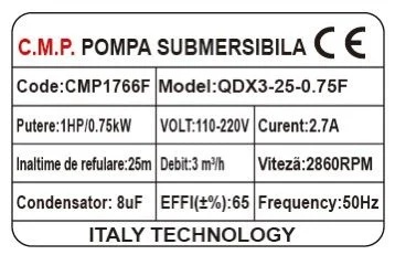 Pompa submersibila apa curata CMP1766F QDX3-25-0.75F, 0.75kW, 1HP, debit 3 mc/h, inaltime refulare 25m, 2860RPM, 110-220V, cu plutitor - imagine 3