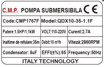 Pompa submersibila apa curata-murdara CMP1767F QDX10-35-1.1F, 1.1kW, 1.5HP, debit 10 mc/h, inaltime refulare 35m, iesire 2" / 1.5" / 1", 2860RPM, 110-220V, cu plutitor - imagine 2