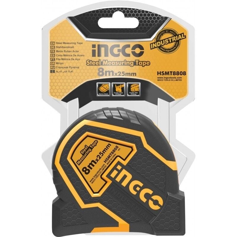 Ruleta magnetica profesionala 8m x 25mm, carcasa cauciucata, banda cu strat nylon, INGCO HSMT88081E - 1 | YEO